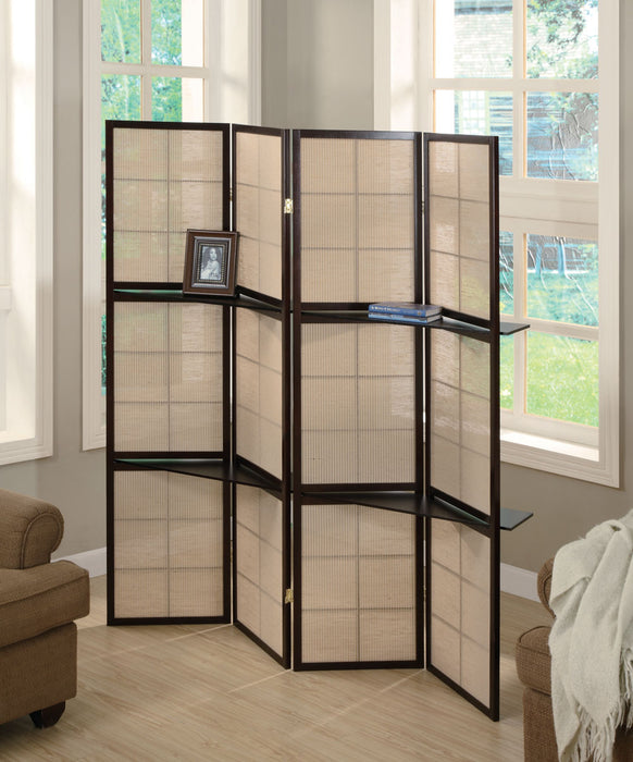 Iggy 4-panel Folding Screen with Removable Shelves Tan and Cappuccino - Bargain Furniture (Detroit, MI)