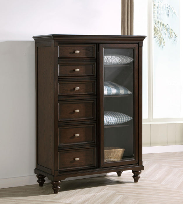 Andover 6-drawer Tempered Glass Door Chest Dark Oak - Bargain Furniture (Detroit, MI)
