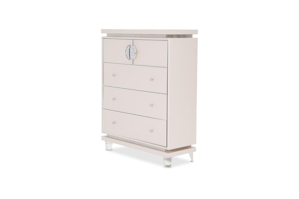Glimmering Heights Upholstered 5 Drawer Chest in Ivory - Bargain Furniture (Detroit, MI)