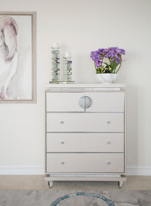 Glimmering Heights Upholstered 5 Drawer Chest in Ivory - Bargain Furniture (Detroit, MI)