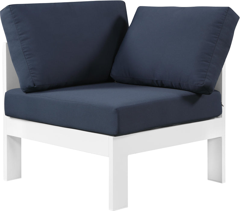 Nizuc Navy Waterproof Fabric Outdoor Patio Aluminum Corner Chair - Bargain Furniture (Detroit, MI)