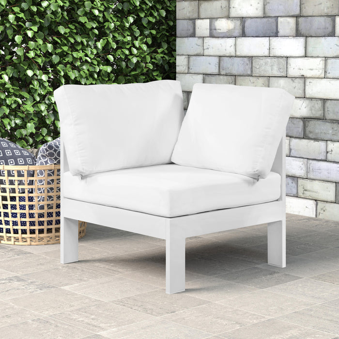 Nizuc White Waterproof Fabric Outdoor Patio Aluminum Corner Chair - Bargain Furniture (Detroit, MI)