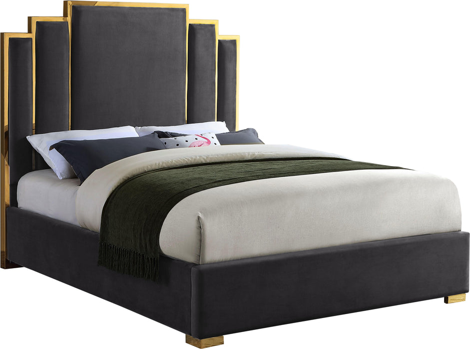 Hugo Grey Velvet Queen Bed - Bargain Furniture (Detroit, MI)