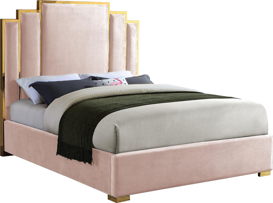 Hugo Pink Velvet Queen Bed - Bargain Furniture (Detroit, MI)