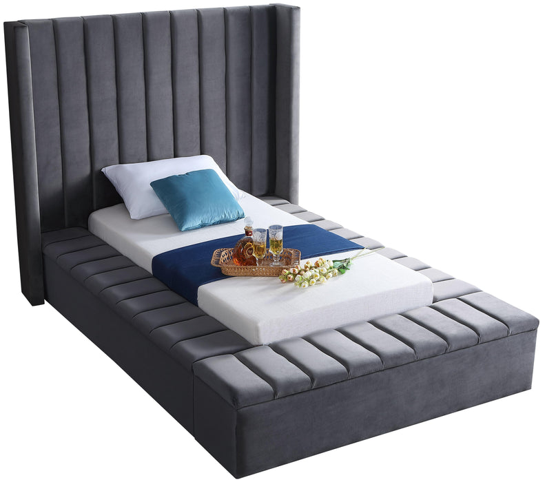 Kiki Grey Velvet Twin Bed (3 Boxes) - Bargain Furniture (Detroit, MI)