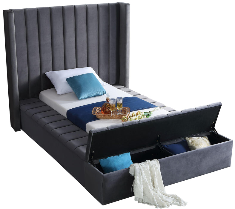 Kiki Grey Velvet Twin Bed (3 Boxes) - Bargain Furniture (Detroit, MI)