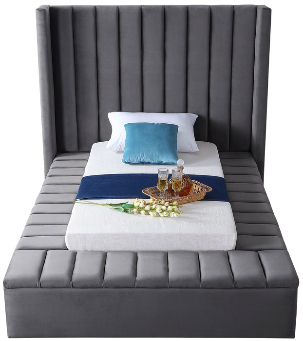 Kiki Grey Velvet Twin Bed (3 Boxes) - Bargain Furniture (Detroit, MI)