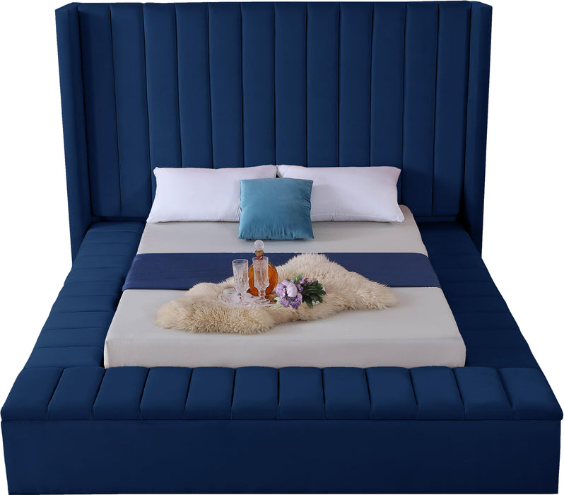 Kiki Navy Velvet King Bed (3 Boxes) - Bargain Furniture (Detroit, MI)