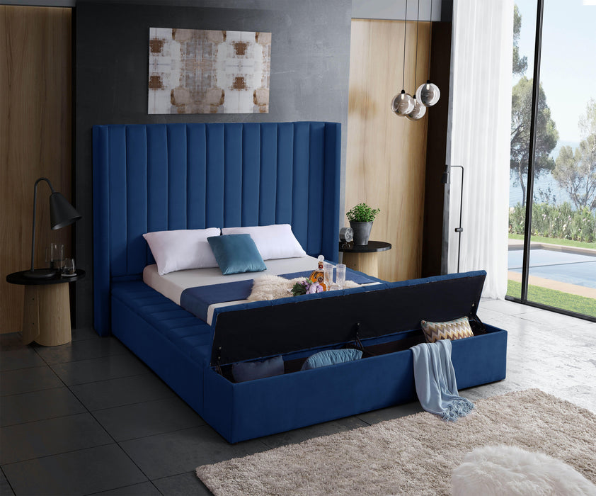 Kiki Navy Velvet King Bed (3 Boxes) - Bargain Furniture (Detroit, MI)