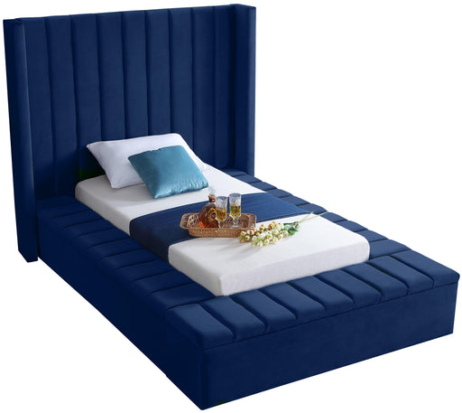 Kiki Navy Velvet Twin Bed (3 Boxes) - Bargain Furniture (Detroit, MI)