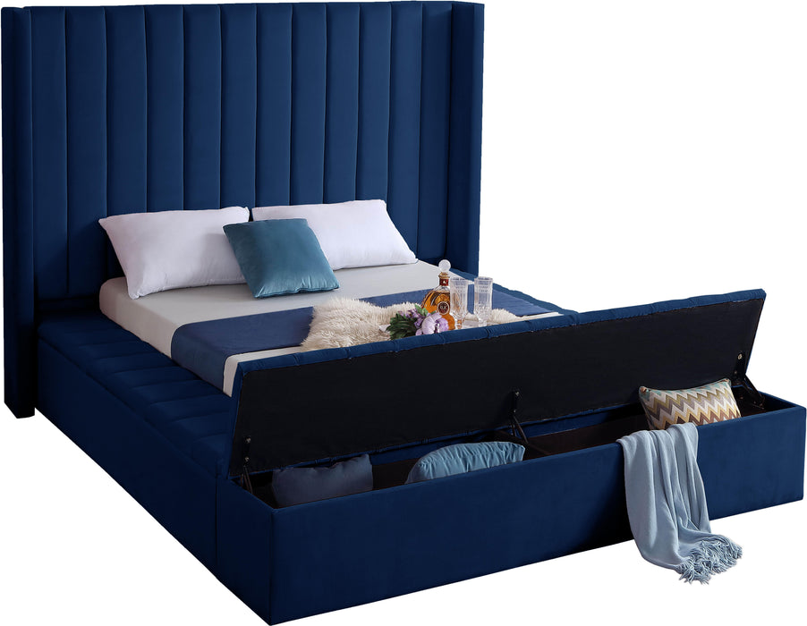 Kiki Navy Velvet Queen Bed (3 Boxes) - Bargain Furniture (Detroit, MI)