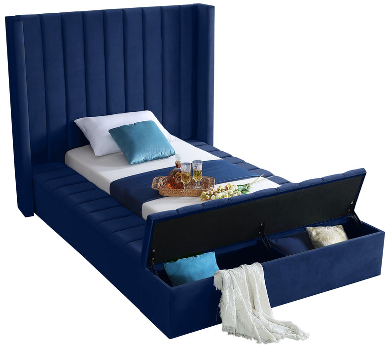Kiki Navy Velvet Twin Bed (3 Boxes) - Bargain Furniture (Detroit, MI)