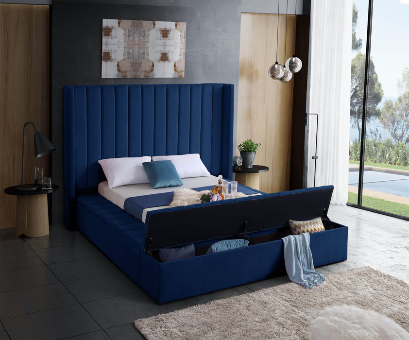 Kiki Navy Velvet Queen Bed (3 Boxes) - Bargain Furniture (Detroit, MI)