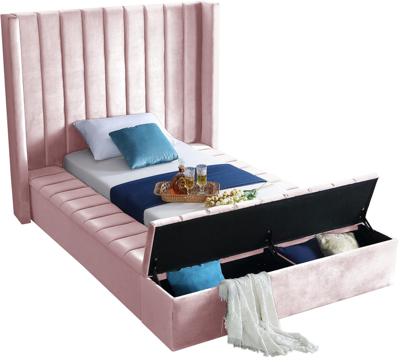 Kiki Pink Velvet Twin Bed (3 Boxes) - Bargain Furniture (Detroit, MI)