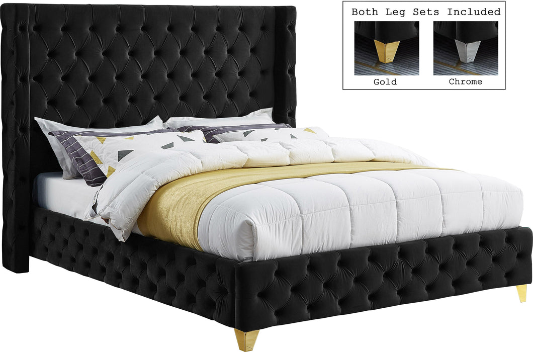 Savan Black Velvet Queen Bed - Bargain Furniture (Detroit, MI)