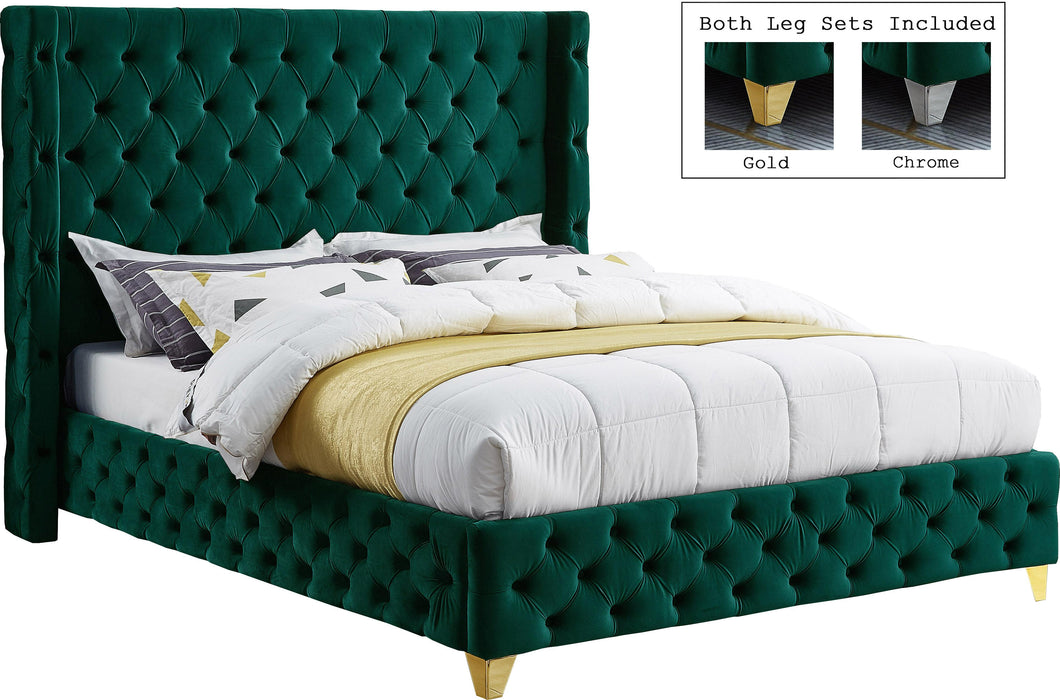 Savan Green Velvet Queen Bed - Bargain Furniture (Detroit, MI)
