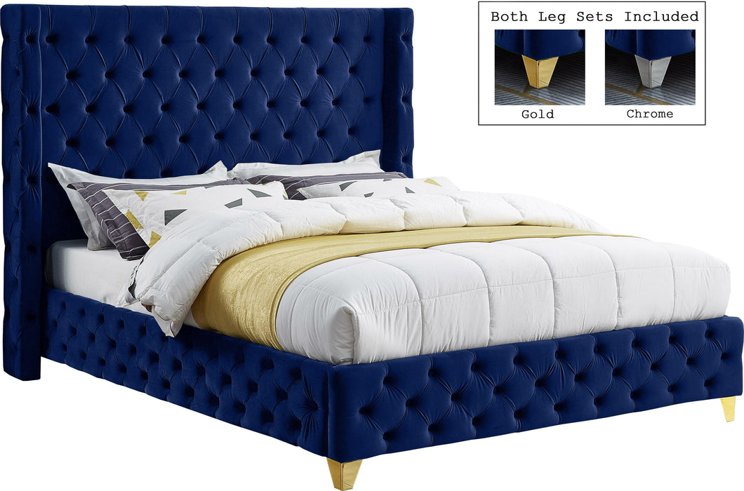 Savan Navy Velvet King Bed - Bargain Furniture (Detroit, MI)