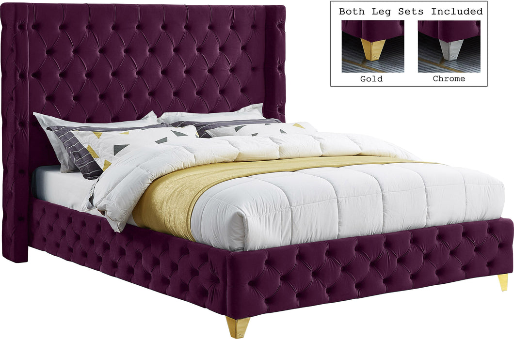 Savan Purple Velvet Queen Bed - Bargain Furniture (Detroit, MI)