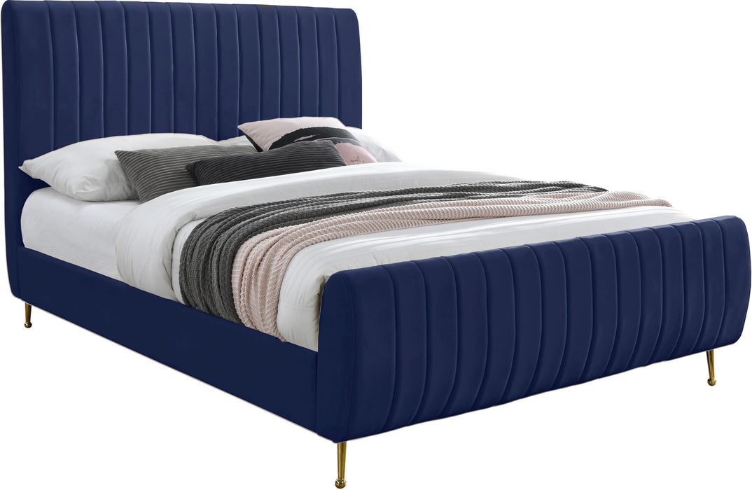 Zara Navy Velvet King Bed (3 Boxes) - Bargain Furniture (Detroit, MI)