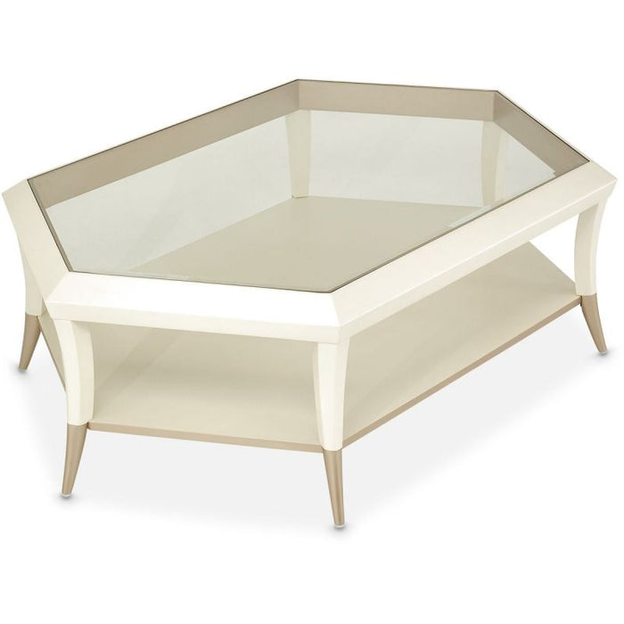 AICO La Rachelle Hexagon Cocktail Table w/Glass in Medium Champagne - Bargain Furniture (Detroit, MI)