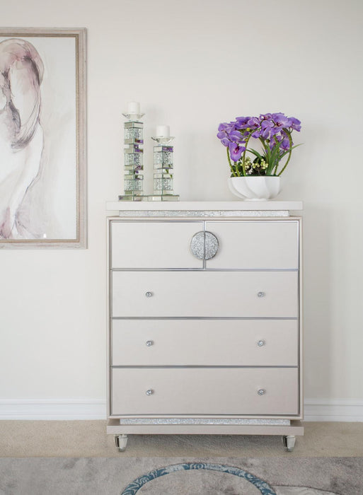 Glimmering Heights Upholstered 5 Drawer Chest in Ivory