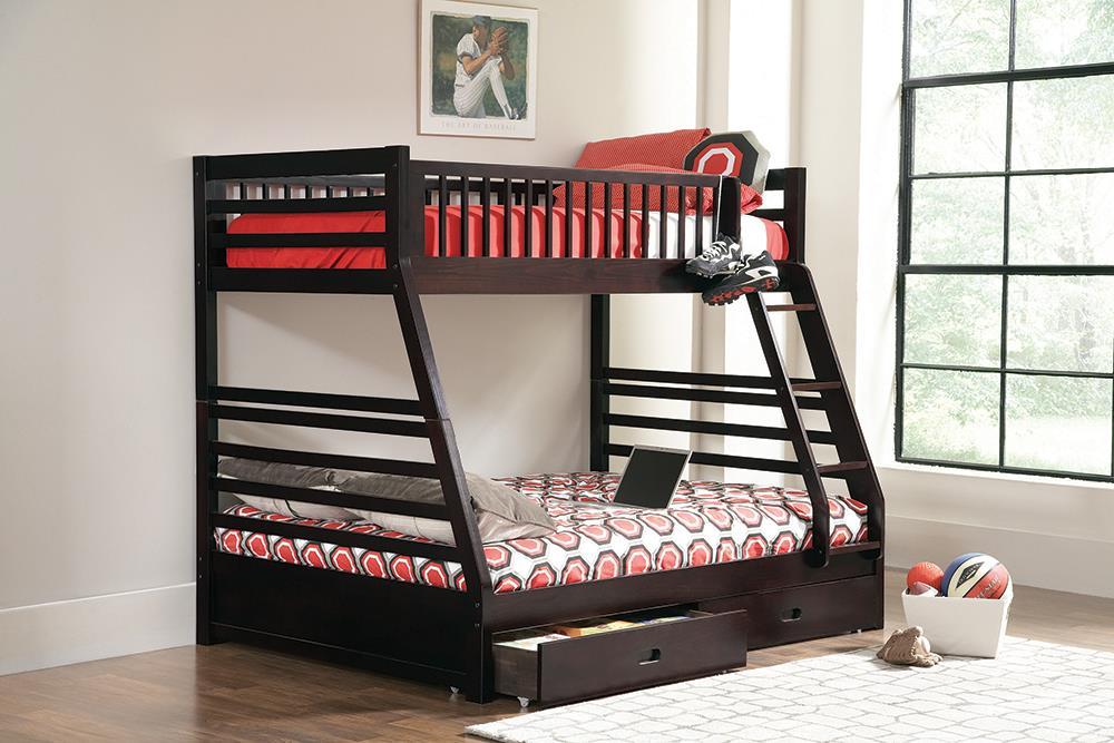 Ashton Twin Over Full 2-drawer Bunk Bed Cappuccino, White, Navy, Honey, & Brown - Bargain Furniture (Detroit, MI)