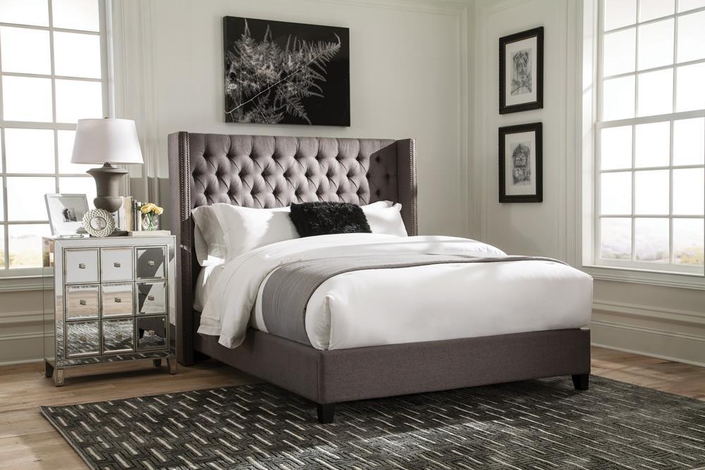 Bancroft Demi-wing Upholstered California King, E.King, Queen & Full Bed Grey - Bargain Furniture (Detroit, MI)
