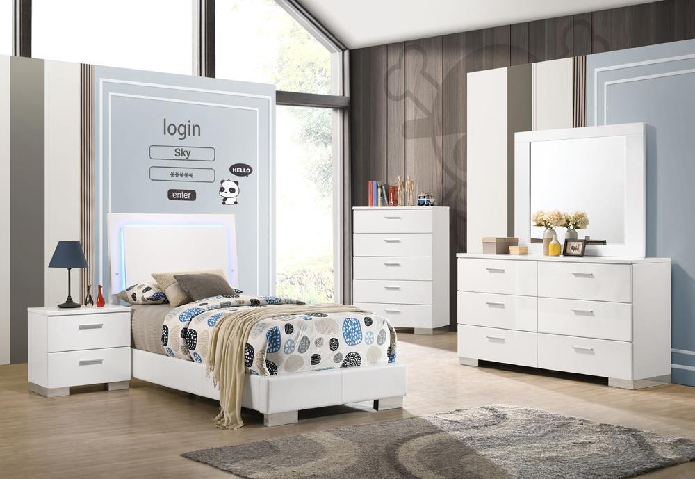Felicity Full & Twin Panel Bed with LED Lighting Glossy White - Bargain Furniture (Detroit, MI)