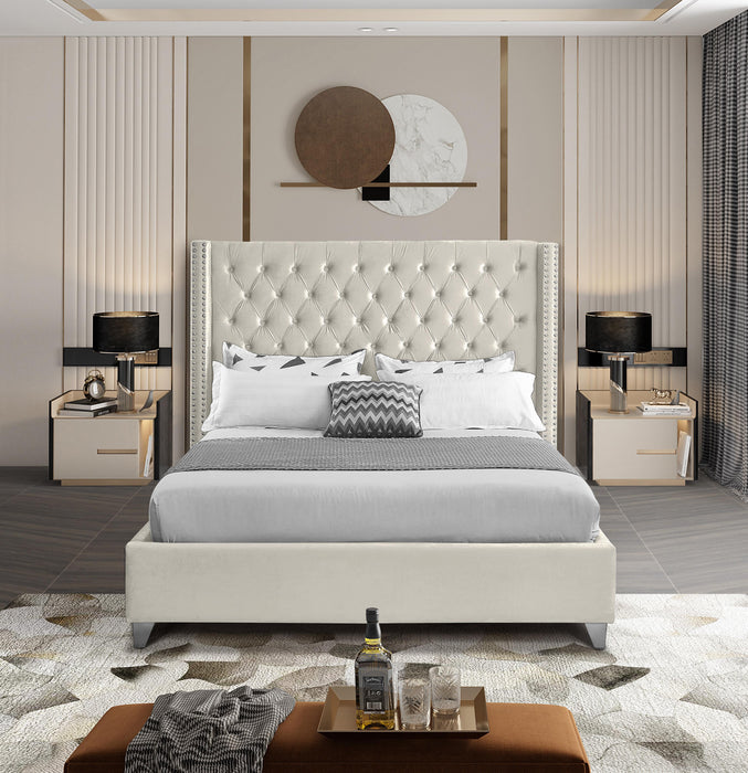 Aiden Cream Velvet Queen Bed - Bargain Furniture (Detroit, MI)