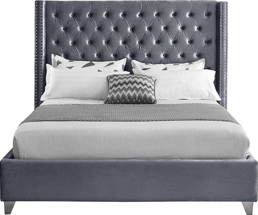 Aiden Grey Velvet Queen Bed - Bargain Furniture (Detroit, MI)