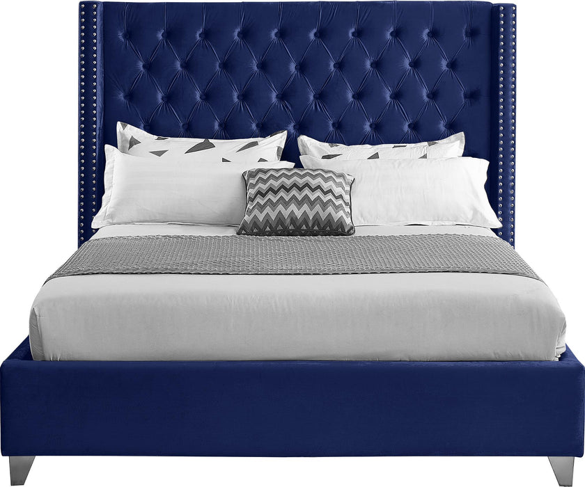 Aiden Navy Velvet Queen Bed - Bargain Furniture (Detroit, MI)