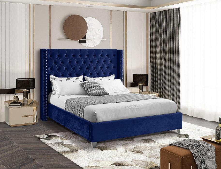 Aiden Navy Velvet Queen Bed - Bargain Furniture (Detroit, MI)