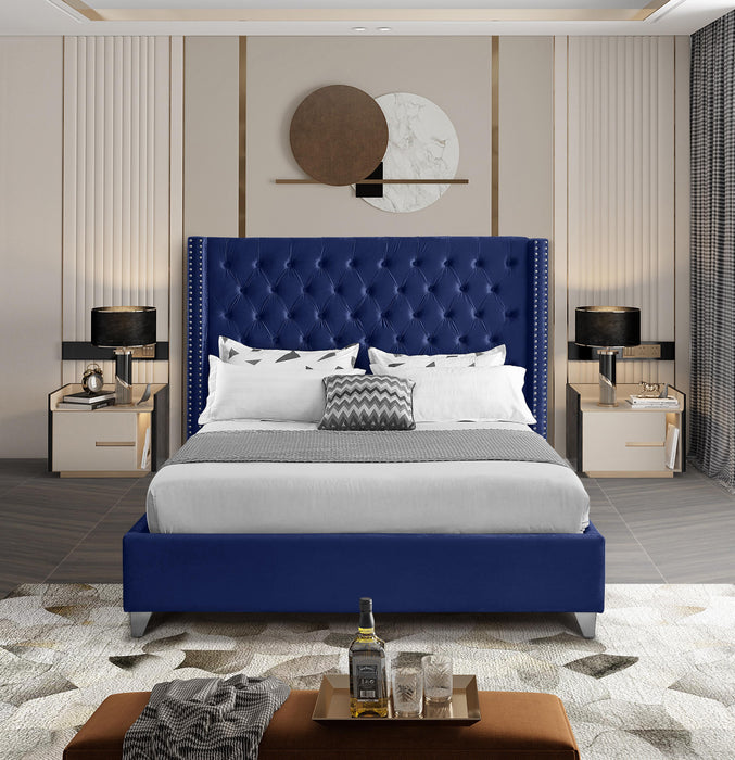 Aiden Navy Velvet Queen Bed - Bargain Furniture (Detroit, MI)