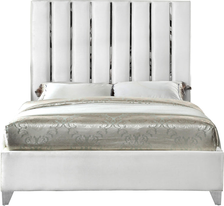 Enzo White Velvet Queen Bed - Bargain Furniture (Detroit, MI)