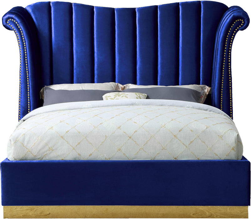 Flora Navy Velvet Queen Bed (3 Boxes) - Bargain Furniture (Detroit, MI)