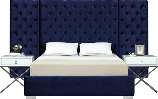 Grande Navy Velvet Queen Bed (3 Boxes) - Bargain Furniture (Detroit, MI)