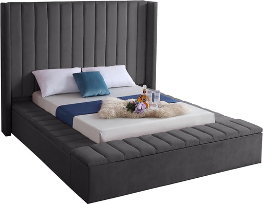 Kiki Grey Velvet King Bed (3 Boxes) - Bargain Furniture (Detroit, MI)