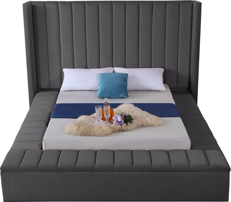 Kiki Grey Velvet Queen Bed (3 Boxes) - Bargain Furniture (Detroit, MI)
