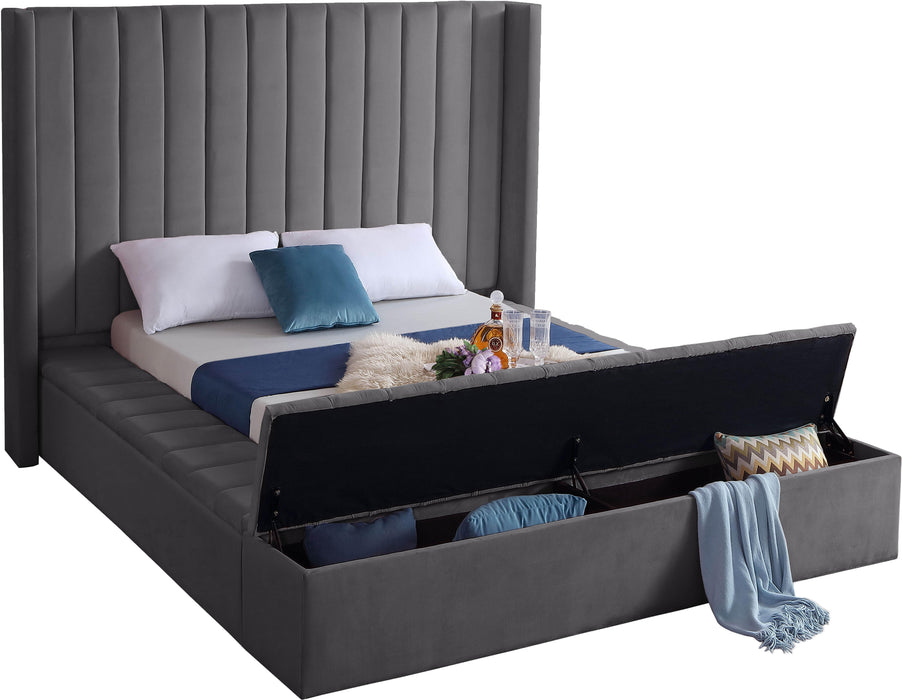 Kiki Grey Velvet Queen Bed (3 Boxes) - Bargain Furniture (Detroit, MI)