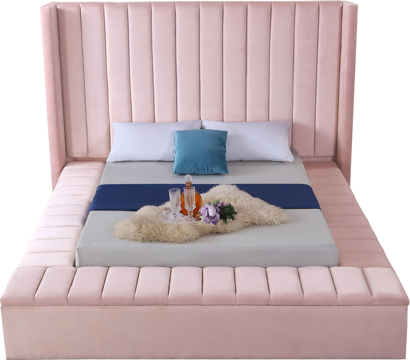 Kiki Pink Velvet Queen Bed (3 Boxes) - Bargain Furniture (Detroit, MI)