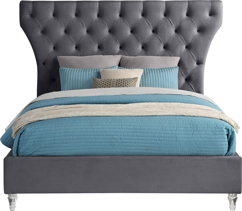 Kira Grey Velvet Queen Bed - Bargain Furniture (Detroit, MI)