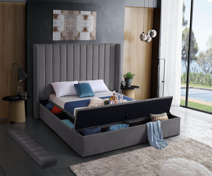 Kiki Grey Velvet Queen Bed (3 Boxes) - Bargain Furniture (Detroit, MI)