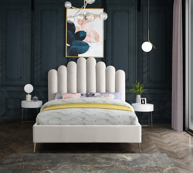 Lily Cream Velvet Queen Bed - Bargain Furniture (Detroit, MI)