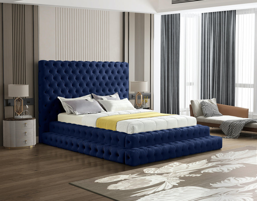 Revel Navy Velvet Queen Bed (3 Boxes)