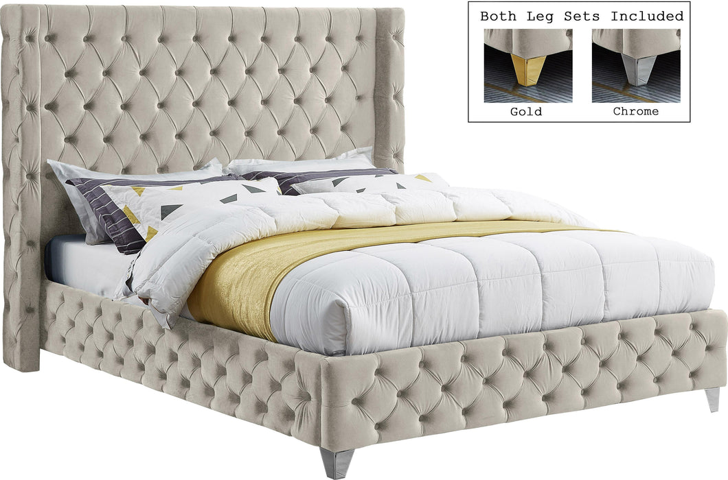 Savan Cream Velvet Queen Bed - Bargain Furniture (Detroit, MI)