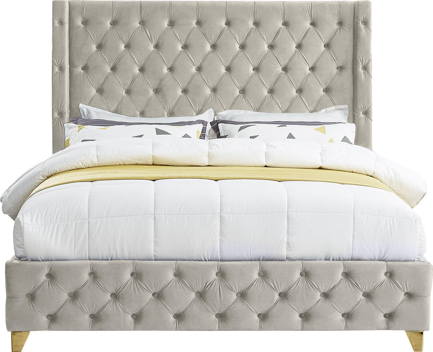 Savan Cream Velvet Queen Bed - Bargain Furniture (Detroit, MI)