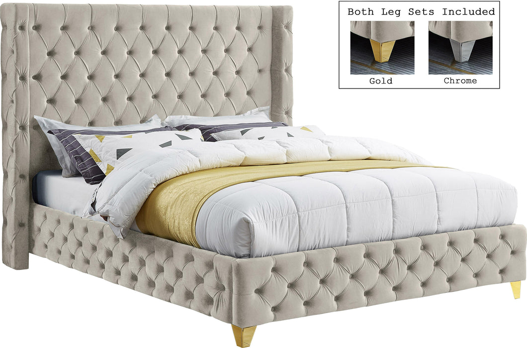 Savan Cream Velvet Queen Bed - Bargain Furniture (Detroit, MI)