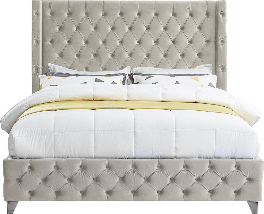 Savan Cream Velvet Queen Bed - Bargain Furniture (Detroit, MI)