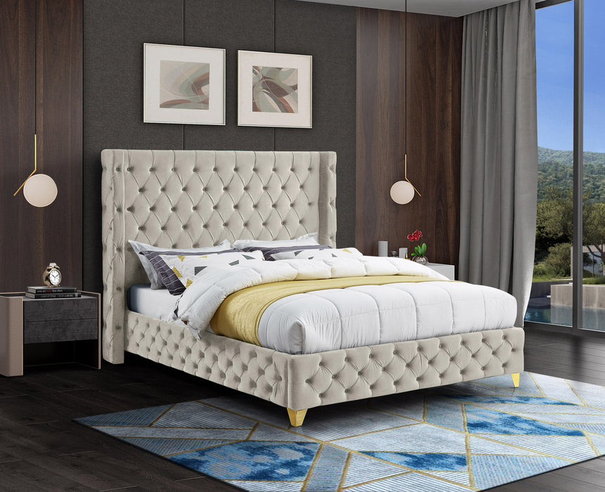 Savan Cream Velvet Queen Bed - Bargain Furniture (Detroit, MI)
