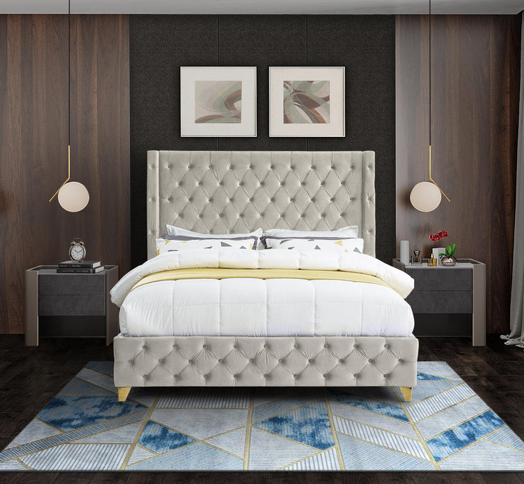 Savan Cream Velvet Queen Bed - Bargain Furniture (Detroit, MI)